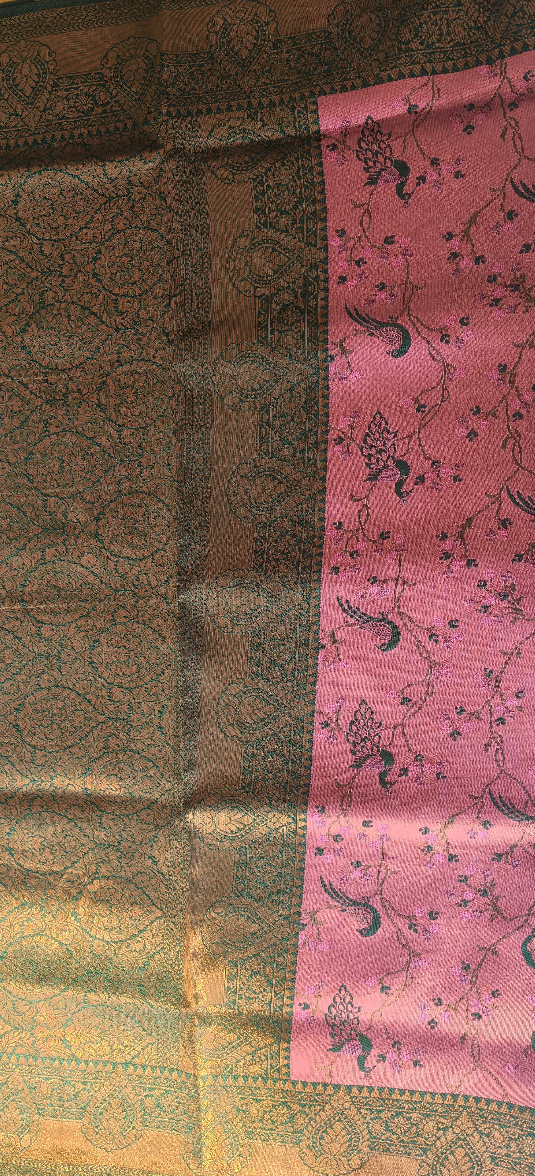 Pink Soft Silk Saree with Peacock Weaving & Olive Green Zari Border