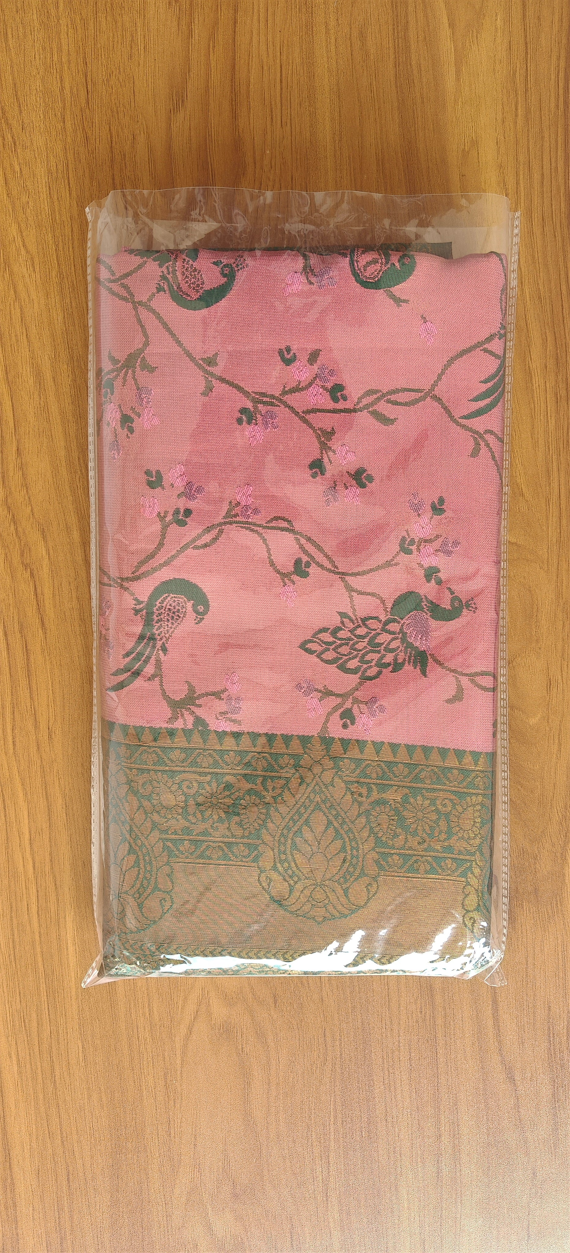Pink Soft Silk Saree with Peacock Weaving & Olive Green Zari Border