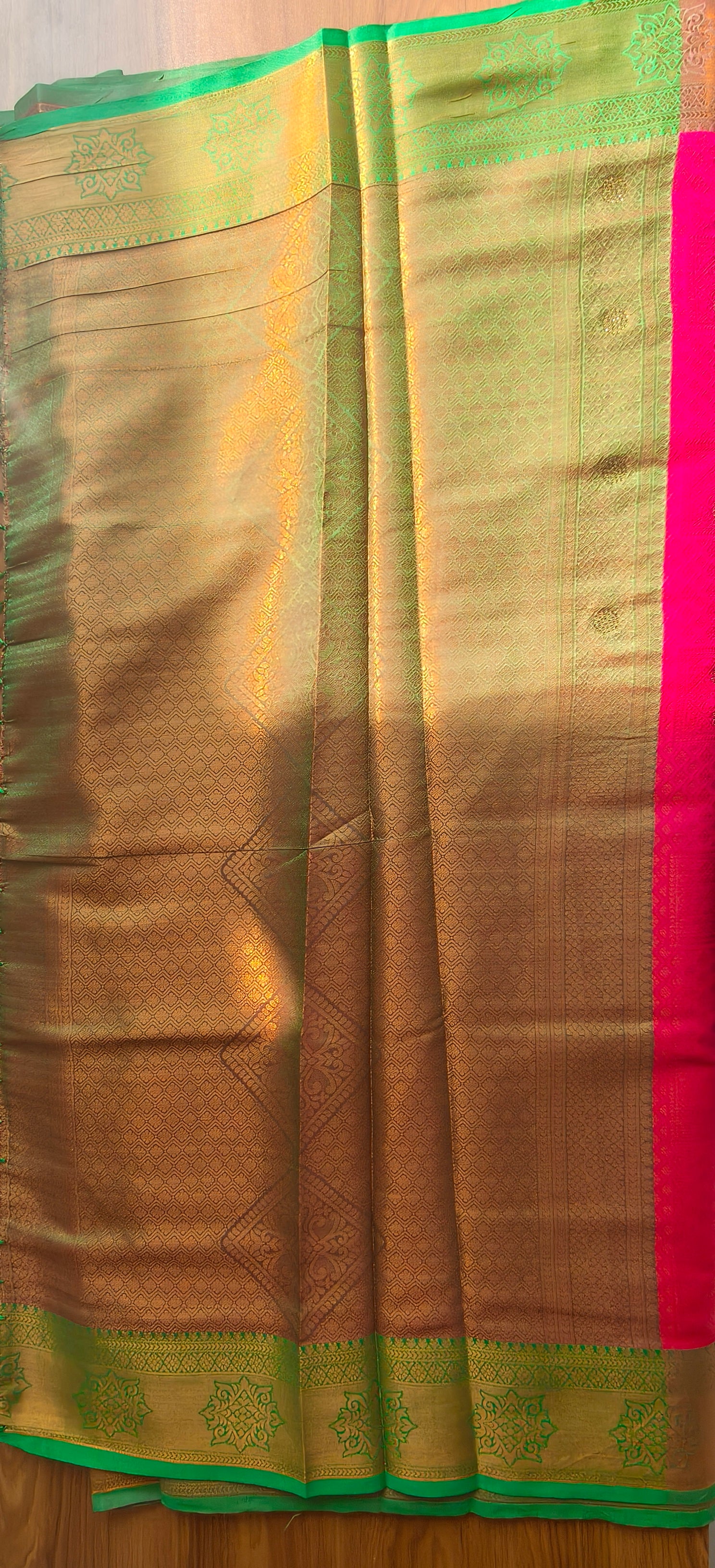 Kanchipuram Soft Silk Saree in Gold with Pink Contrast Pallu & Green Border