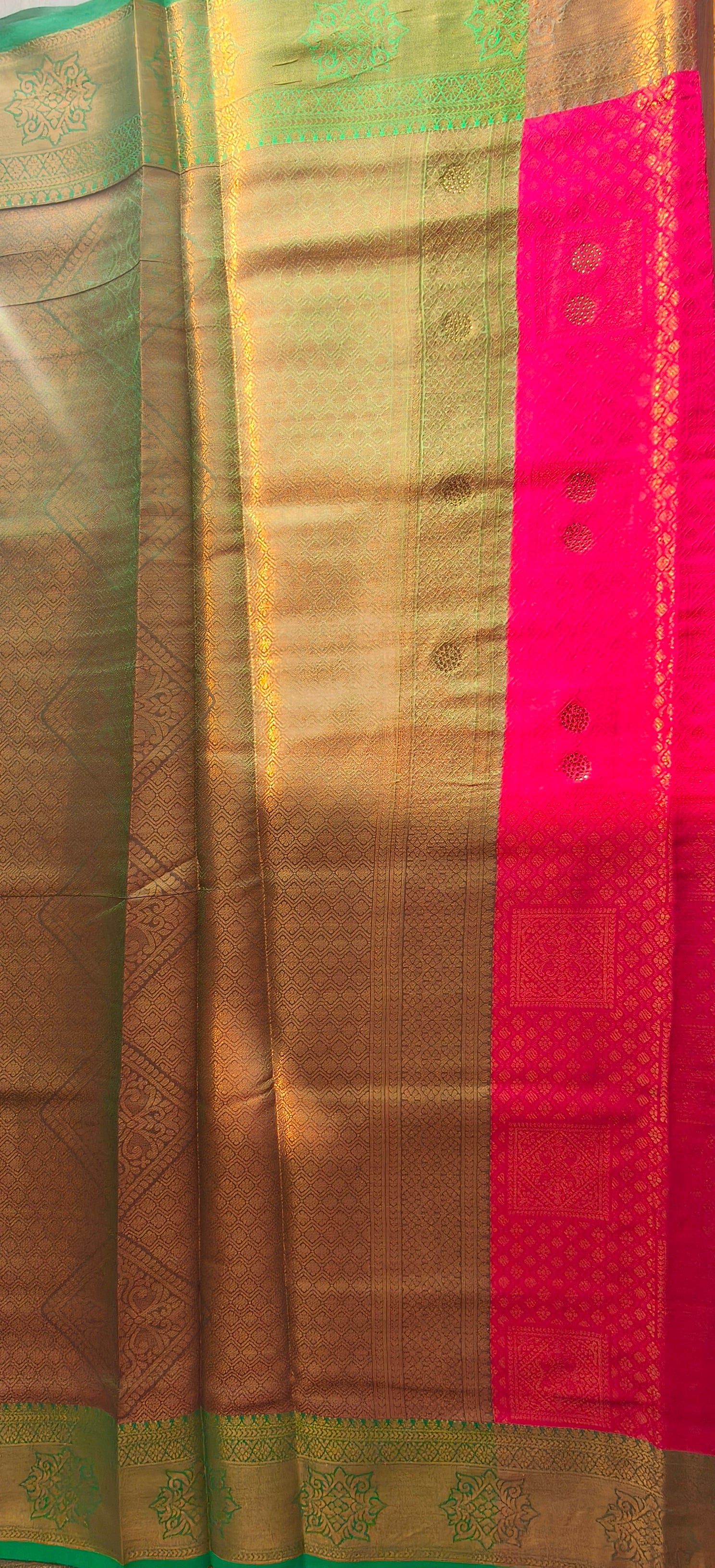 Kanchipuram Soft Silk Saree in Gold with Pink Contrast Pallu & Green Border