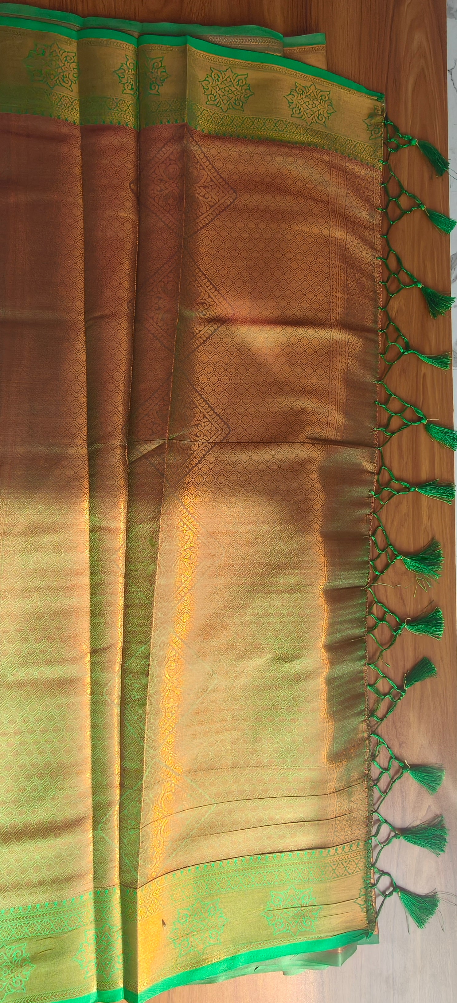 Kanchipuram Soft Silk Saree in Gold with Pink Contrast Pallu & Green Border