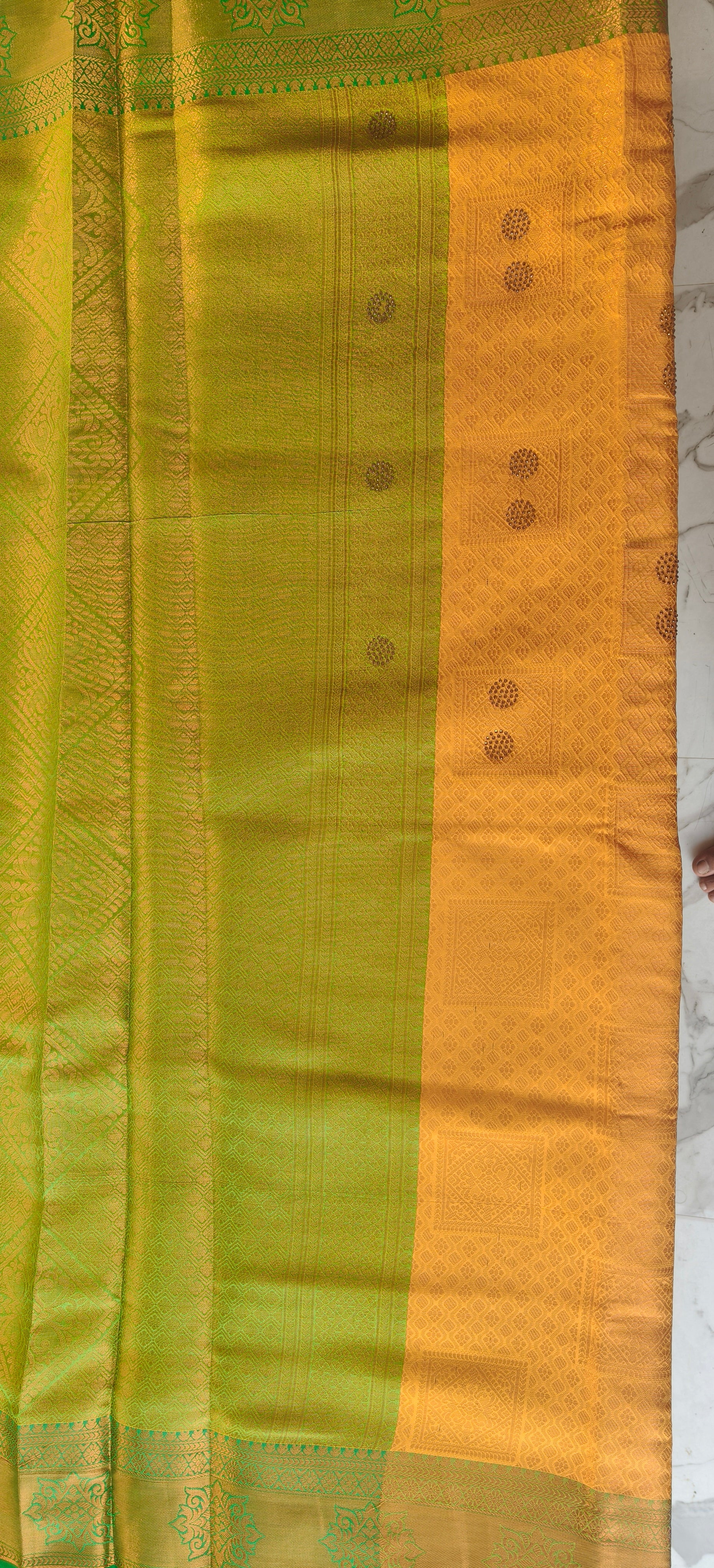 Mustard Yellow Woven Saree with Green Tassel Pallu