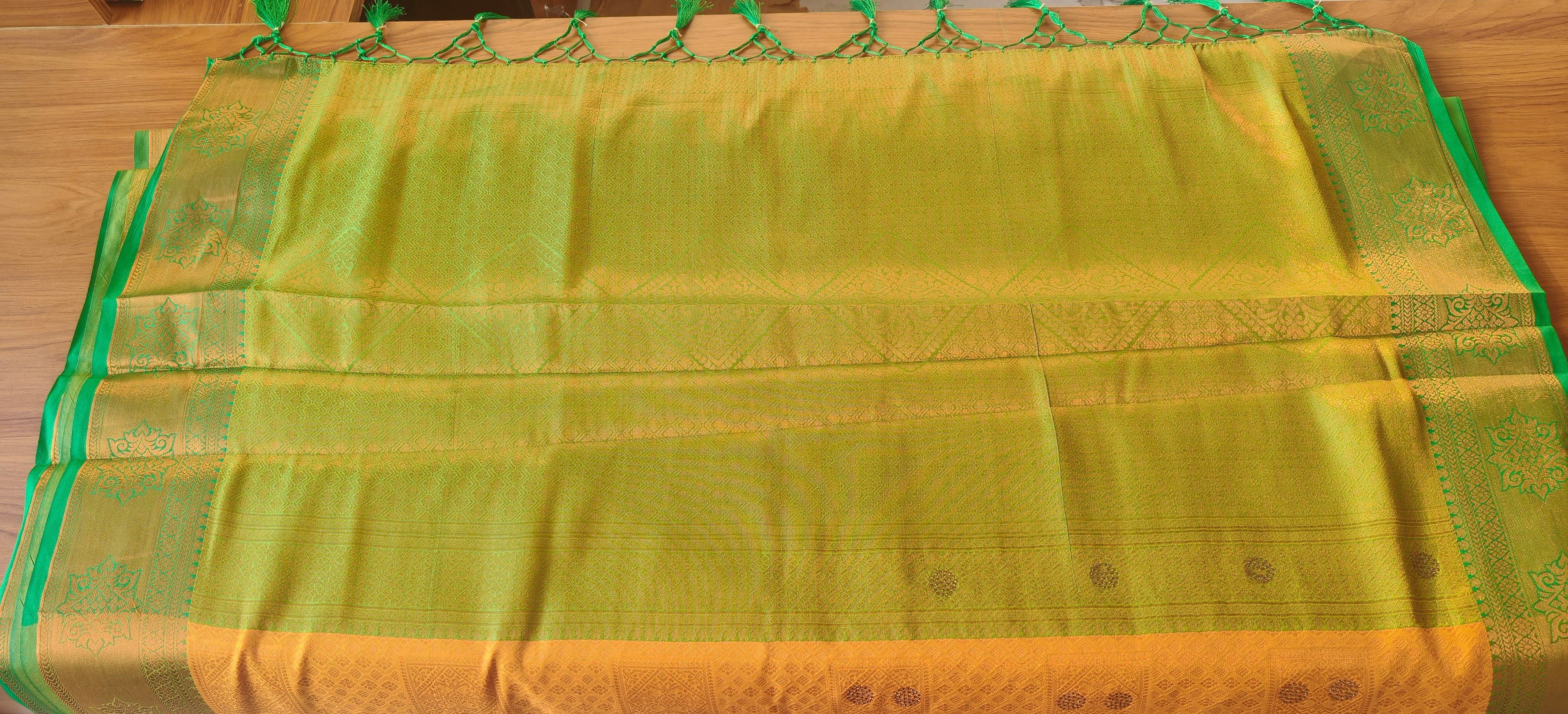 Mustard Yellow Woven Saree with Green Tassel Pallu