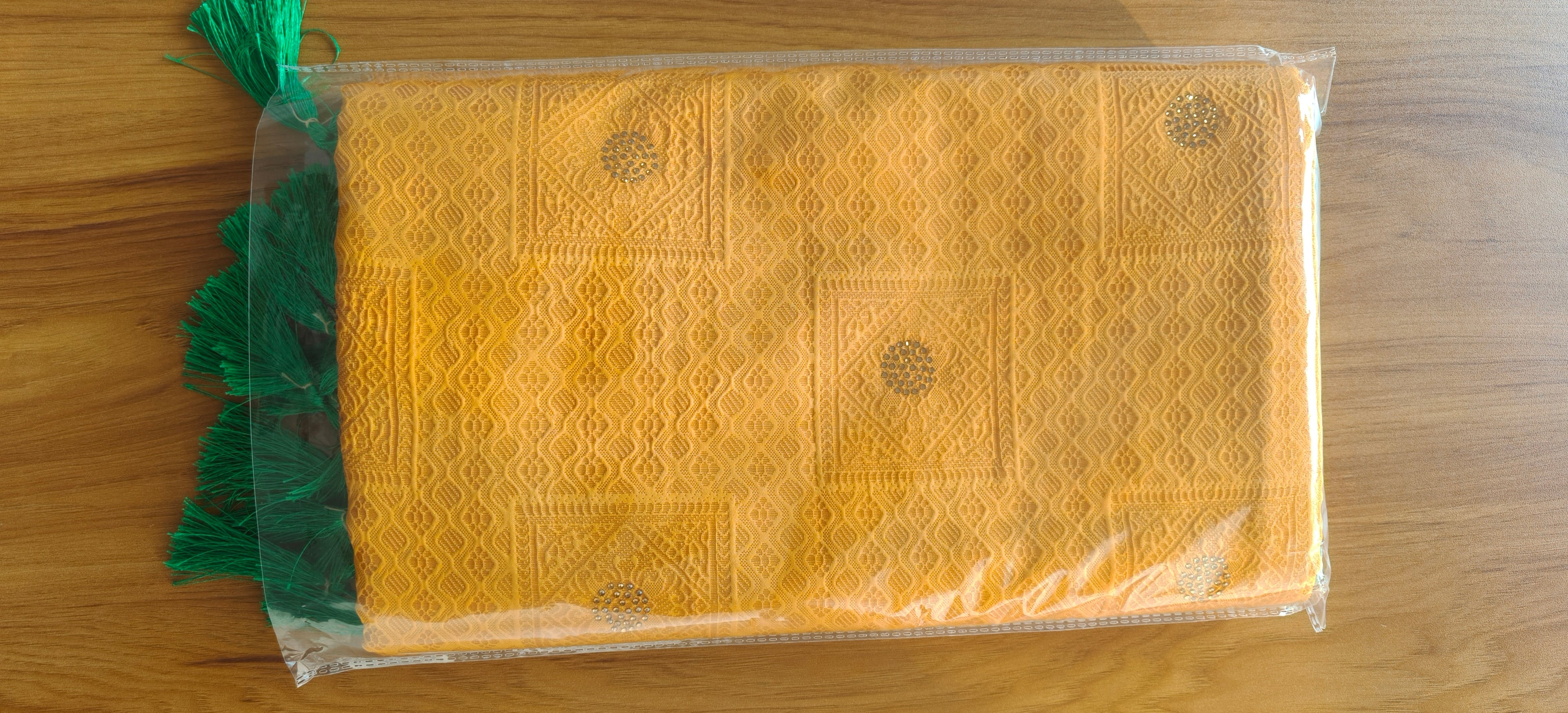 Mustard Yellow Woven Saree with Green Tassel Pallu