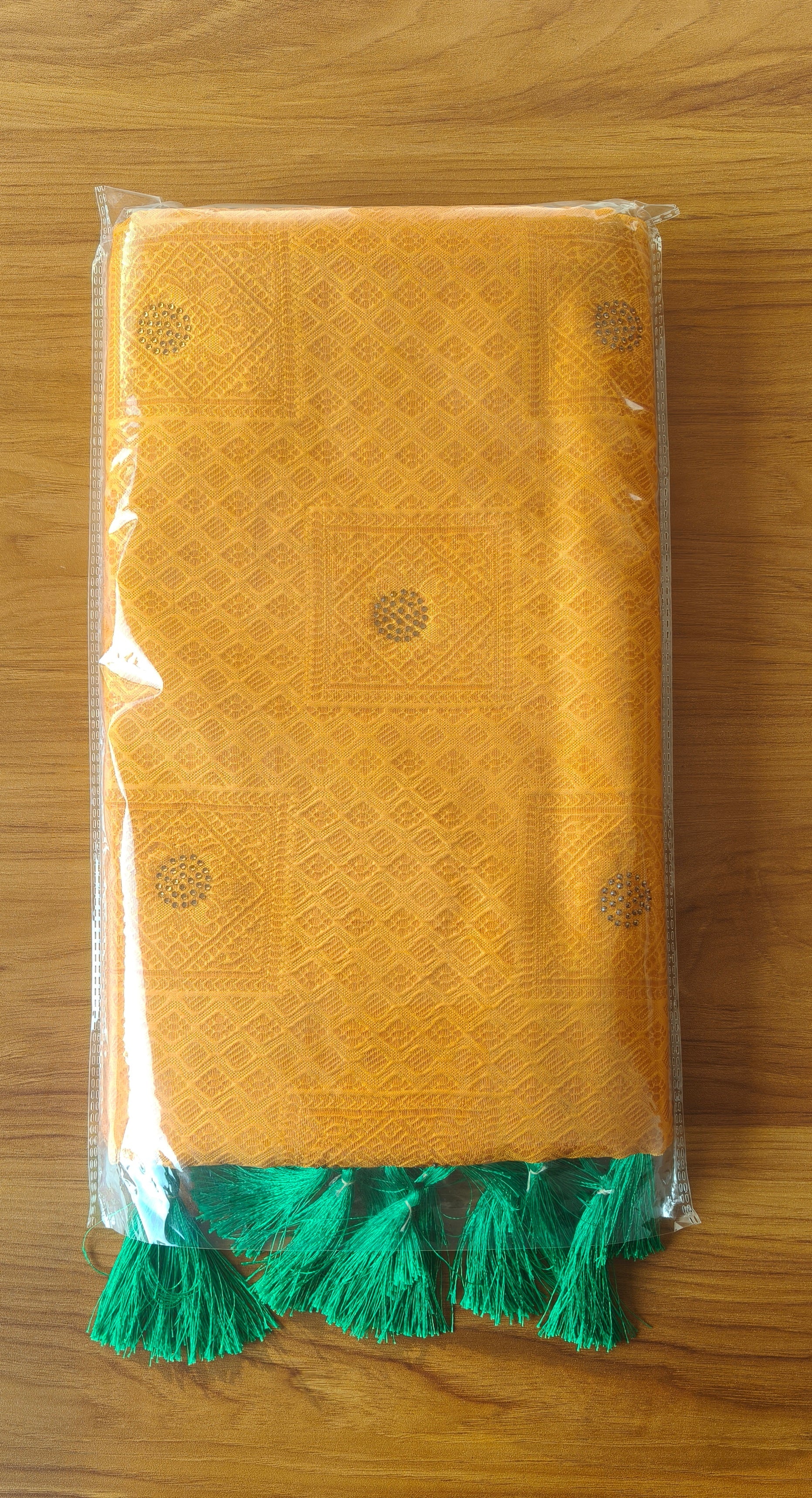 Mustard Yellow Woven Saree with Green Tassel Pallu